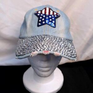 Unbranded/Denim‎ Baseball Cap/Women's OS/Blue Studded/Rhinestone/Star Patch/Adj.
